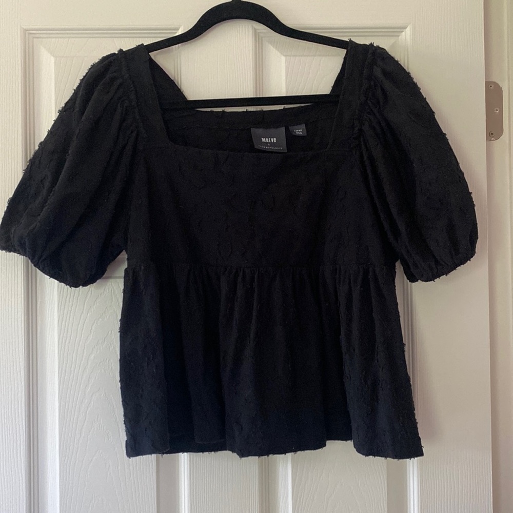 Anthropologie Maeve Black Floral Babydoll Puff Sleeve Top